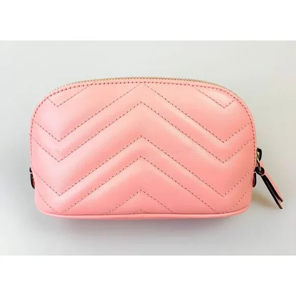 NWT Gucci GG Marmont Cosmetic Pouch in Pink Quilted Chevron Leather - Picture 3 of 11